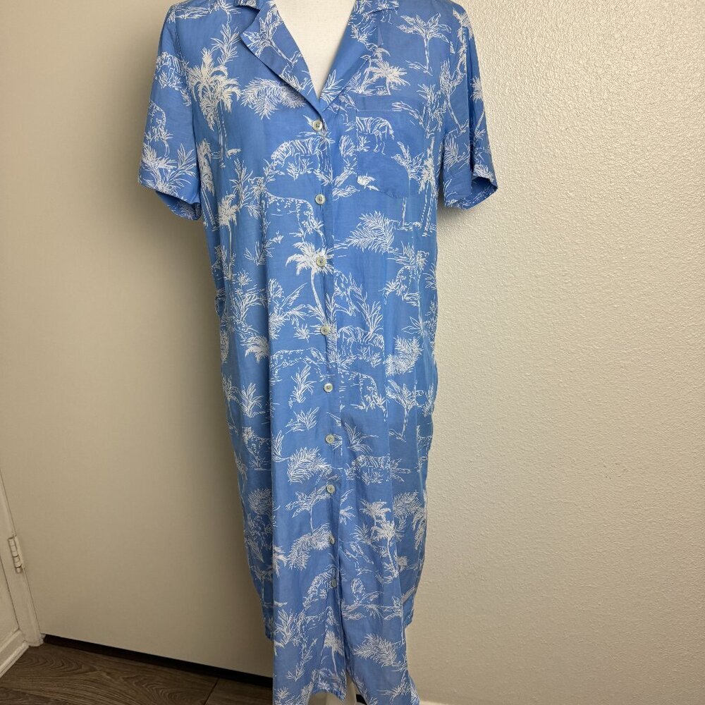 Lucky Brand Shirt Dress Buttons Palms Animals Print Cotton Blue & White Sz S